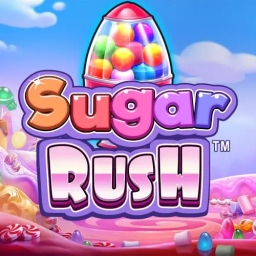sugar rush slot sugar rush written in pink letter with candies in the background